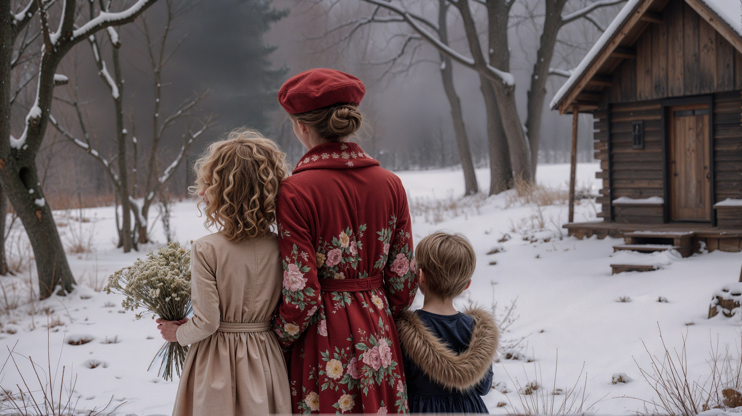 Winter Landscape with Woman and Children by Cabin