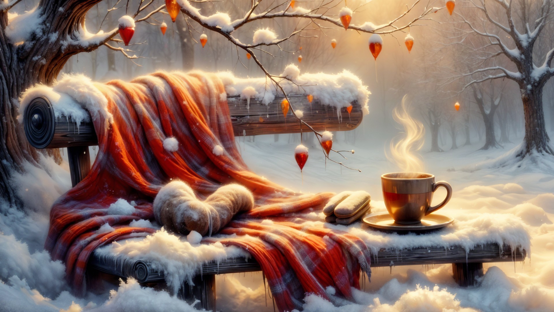Cozy Winter Scene with Blanket and Hot Beverage