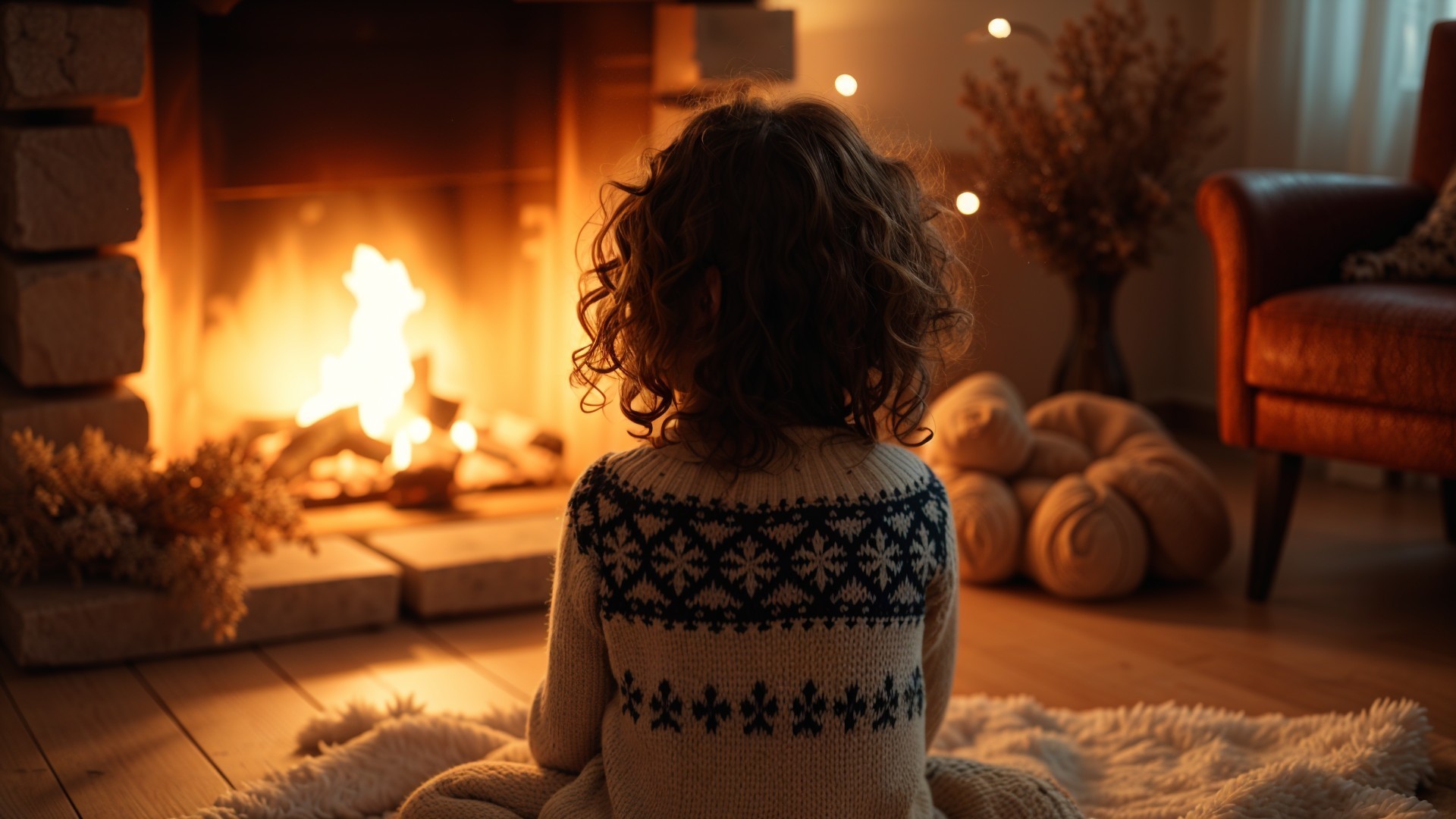 Child Sitting by a Fireplace in Cozy Autumn Decor