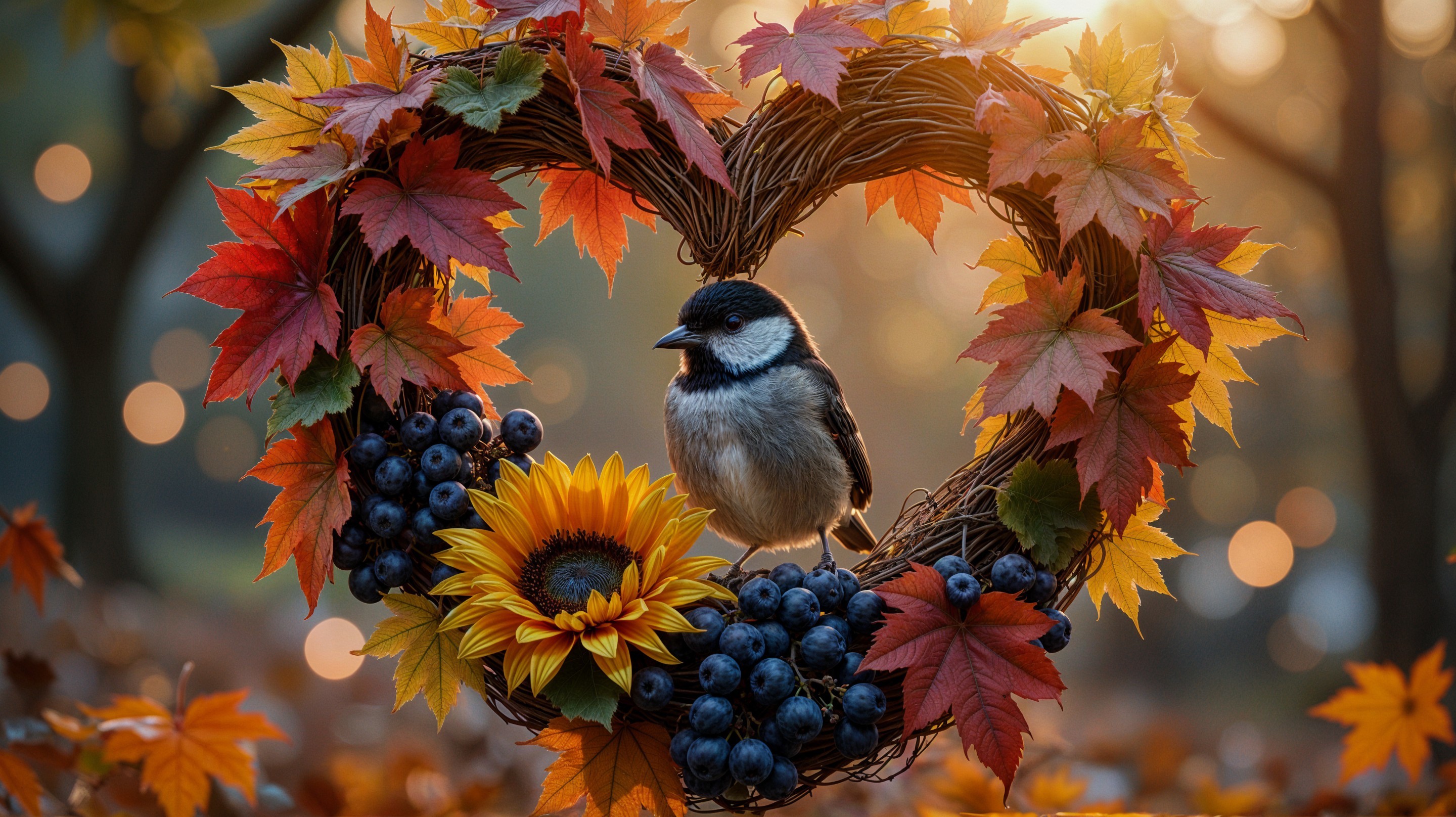Bird in Heart-Shaped Wreath with Autumn Foliage