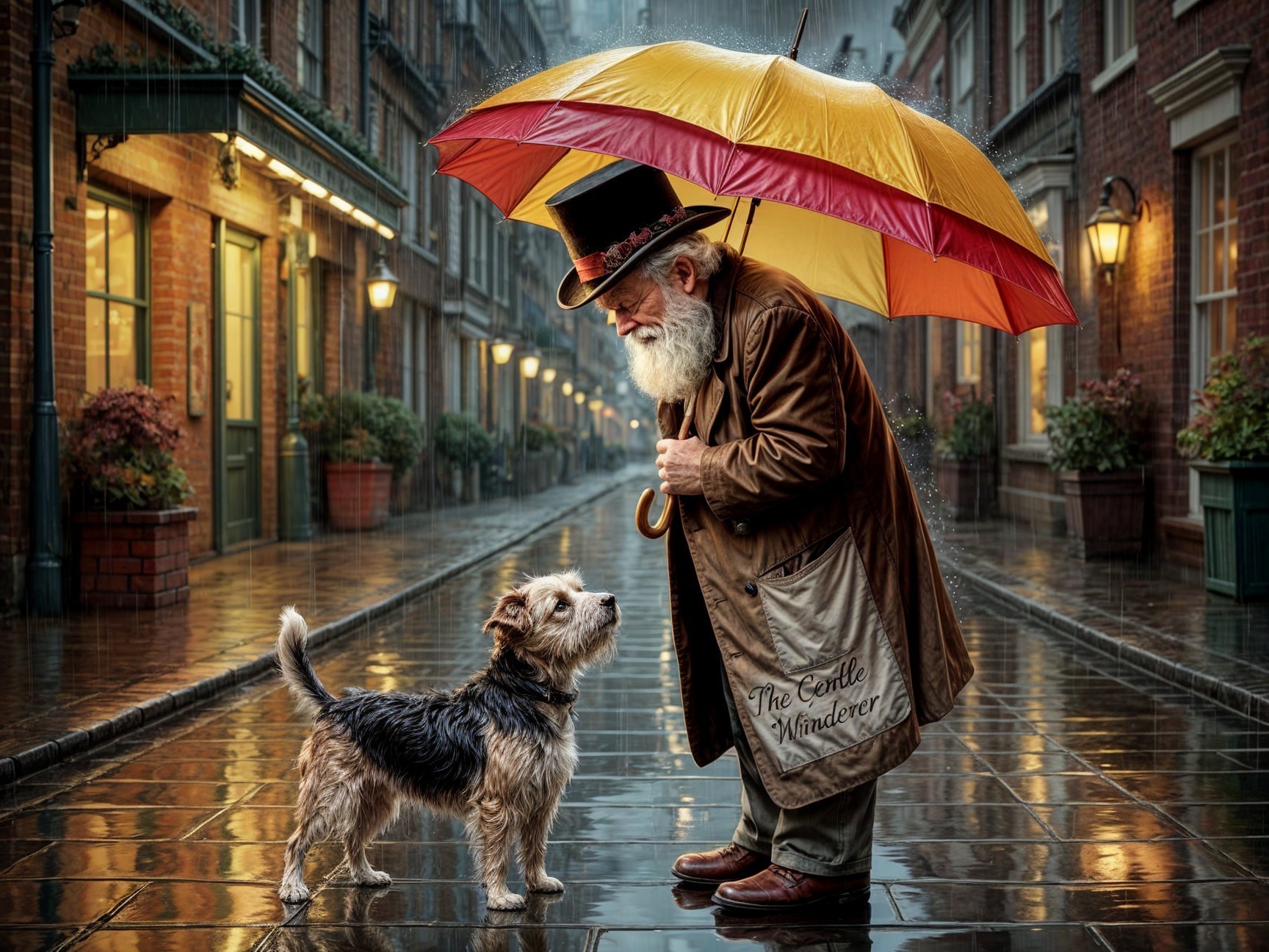 Elderly Man and Dog on a Rainy Quaint Street