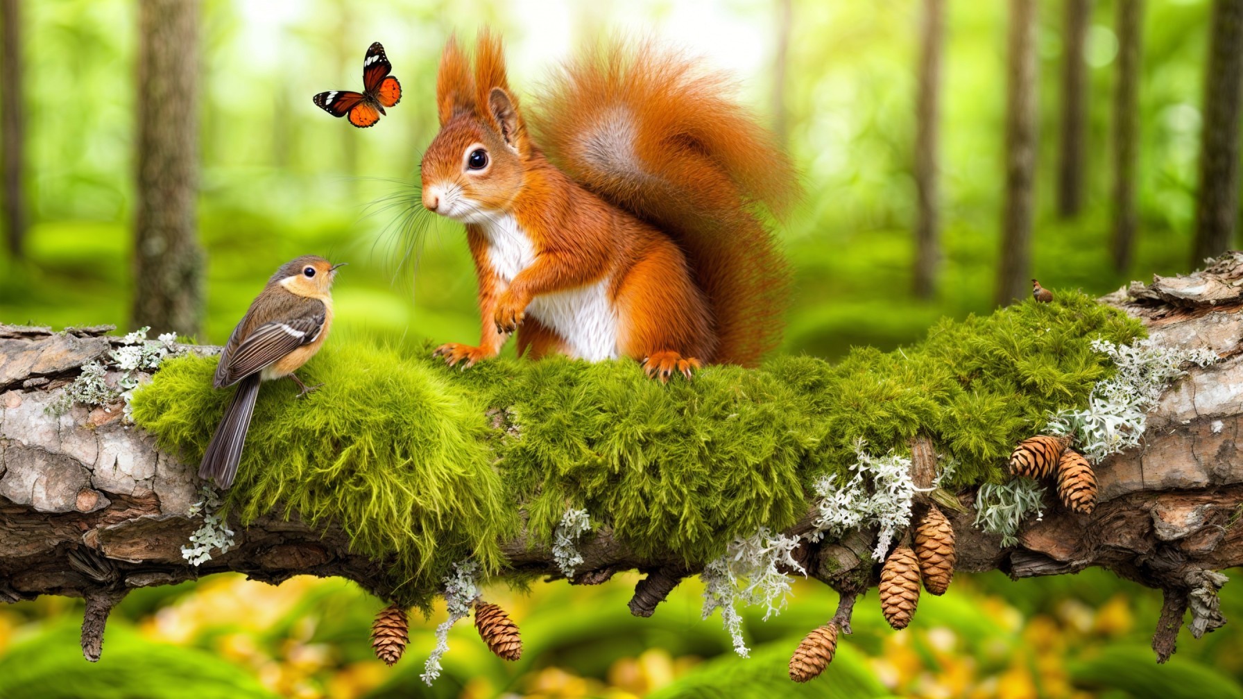 Red Squirrel in Lush Forest with Butterfly and Bird