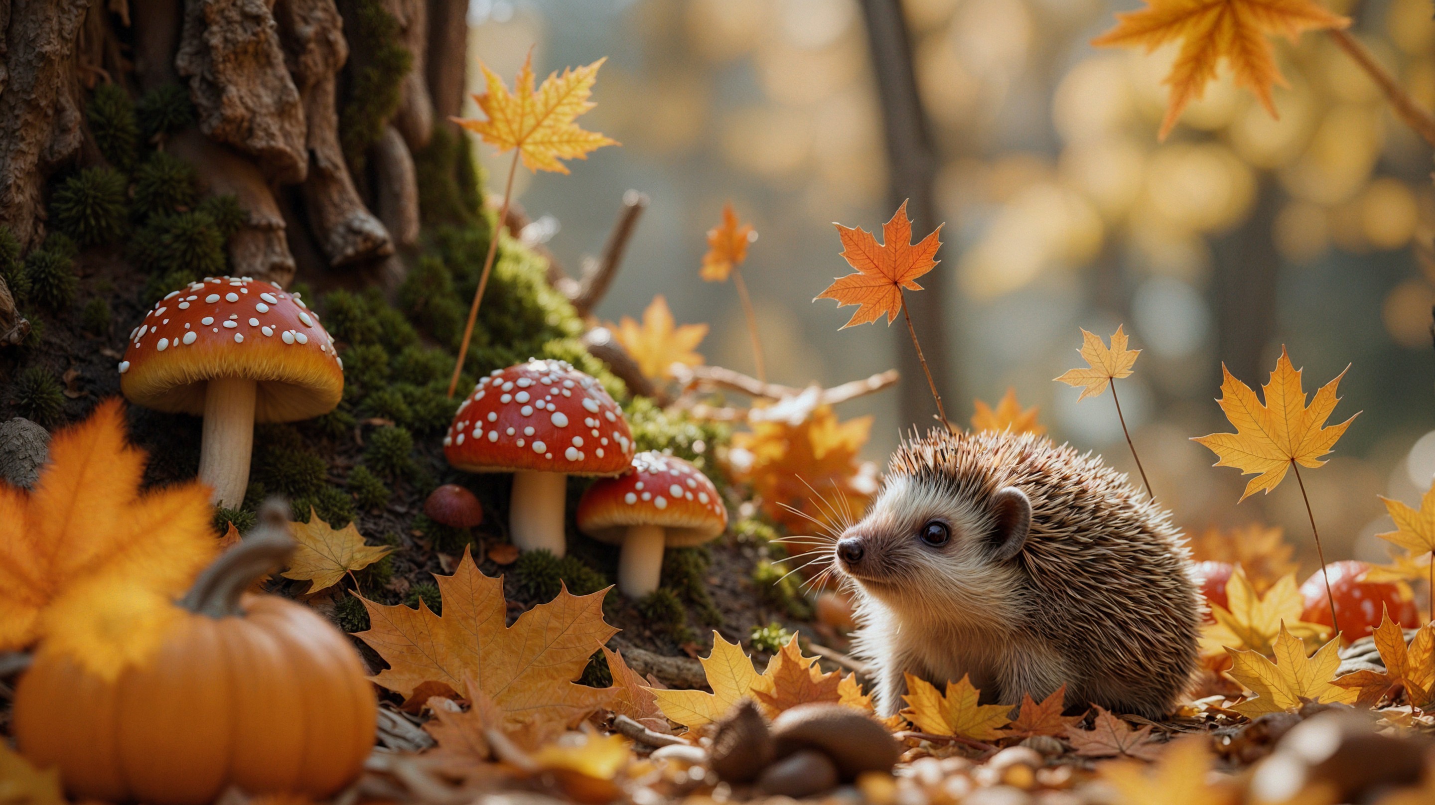 Hedgehog in a Colorful Autumn Forest Scene