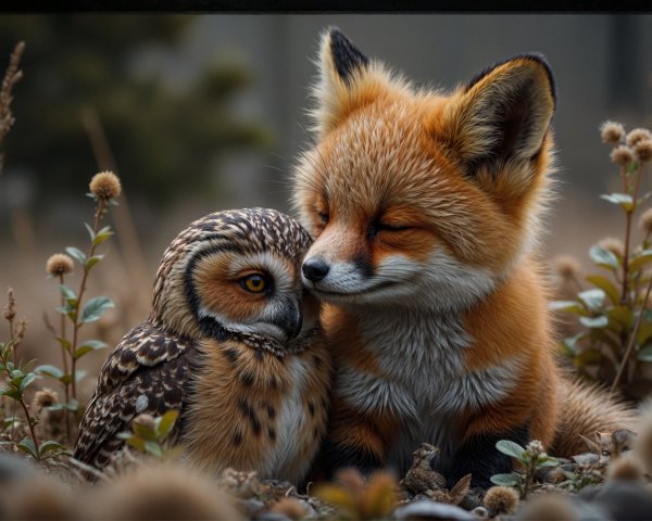 Fox and Owl in a Peaceful Natural Setting