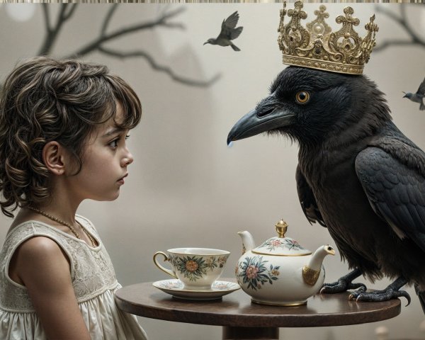 Young girl and crowned raven share whimsical tea scene