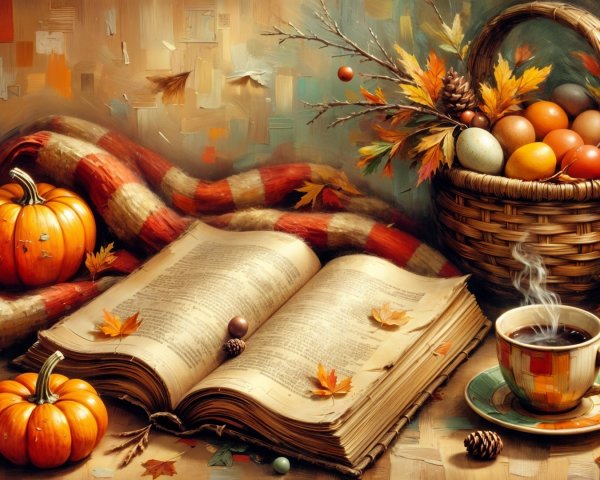 Cozy Autumn Scene with Book, Coffee, and Leaves