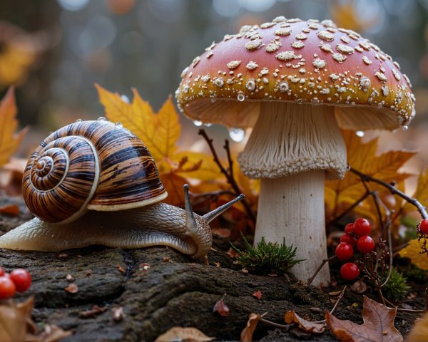 Forest Floor Scene with Snail and Red Mushroom
