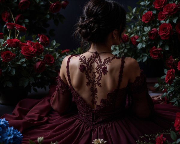 Woman in Burgundy Gown Surrounded by Flowers