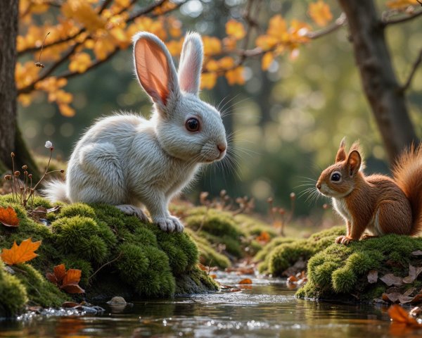 White Rabbit and Squirrel by a Serene Stream