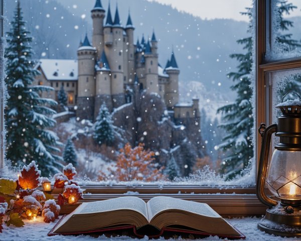 Frosty Window View of Castle with Cozy Book Setting