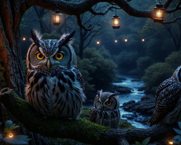 Moonlit Forest Scene with Owls and Lanterns