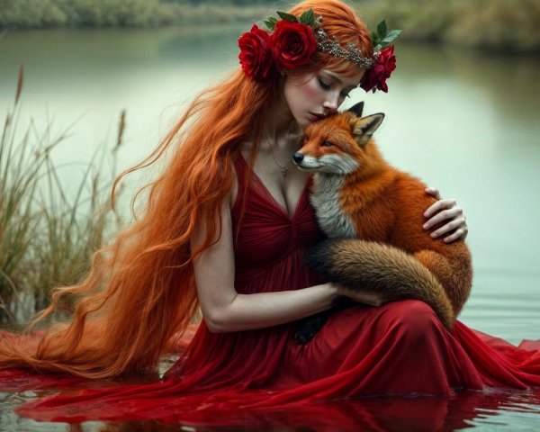 Serene Scene of Woman with Fox by Tranquil Water