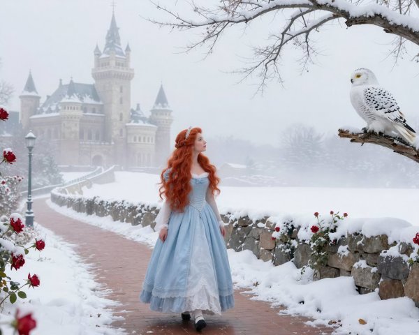 Princess in Snowy Garden with Owl and Castle Background