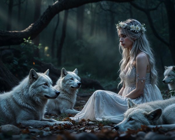 Young woman in white dress with white wolves in forest
