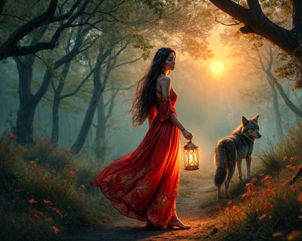 Young Woman in Red Dress with Lantern in Forest