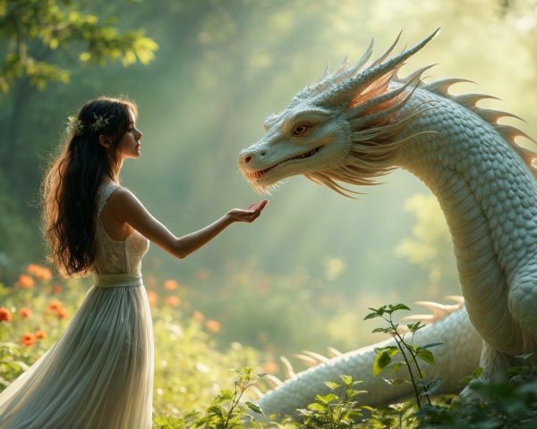 Young woman and white dragon in mystical forest scene