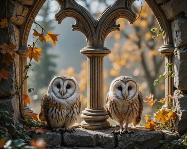 Barn Owls on Stone Ledge by Ornate Window in Autumn