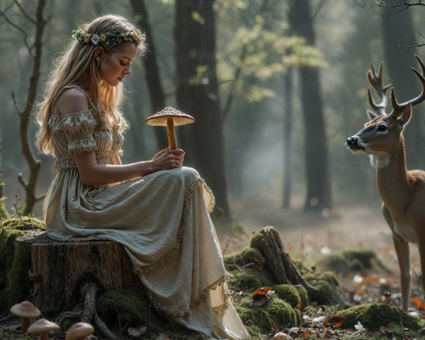 Young woman in vintage dress with deer in forest
