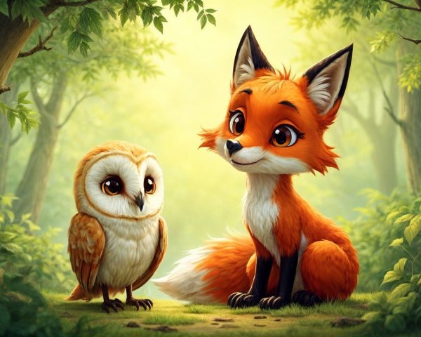 Charming Red Fox and Barn Owl in Forest Clearing