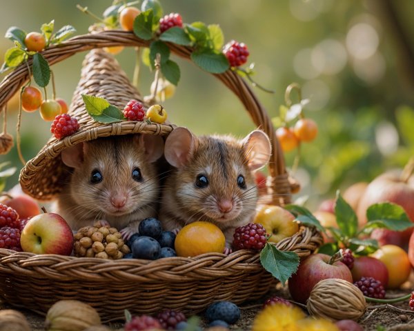 Hamsters in a Basket Surrounded by Autumn Fruits