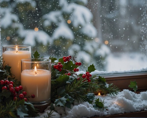 Cozy Winter Scene with Candles and Snowy Landscape
