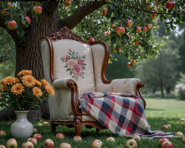 Vintage armchair under apple tree with floral decor