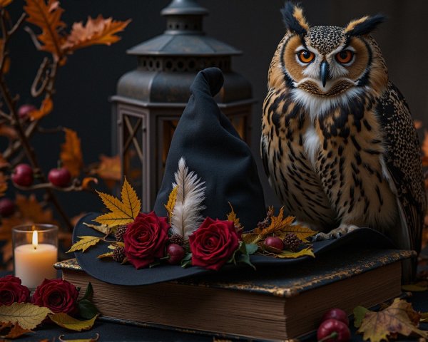 Owl with Witch Hat on Book Surrounded by Candles