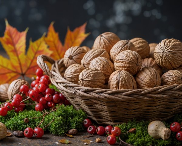 Rustic Basket of Walnuts Surrounded by Autumn Leaves