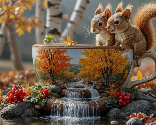 Squirrels on a Painted Cup in a Fall Landscape