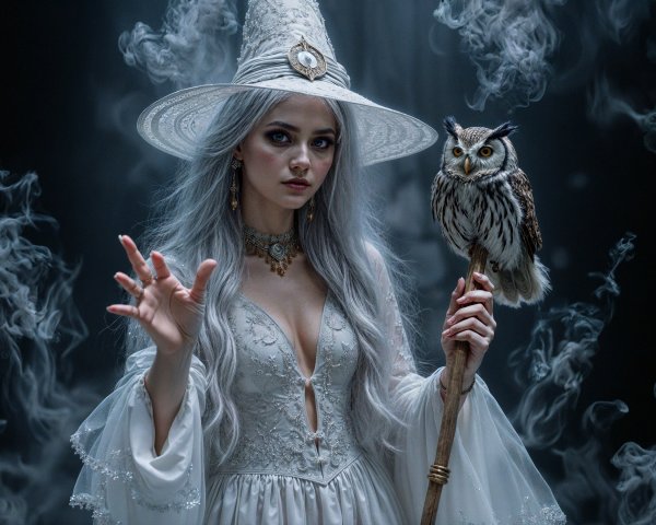 Mystical Figure in White Gown with Owl and Staff