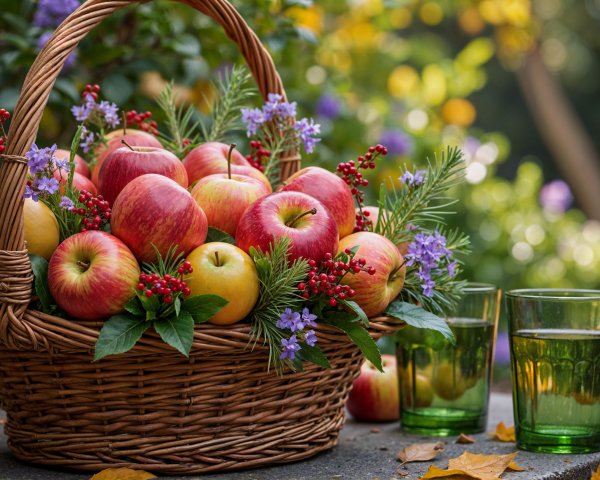 Woven Basket with Apples and Colorful Flowers