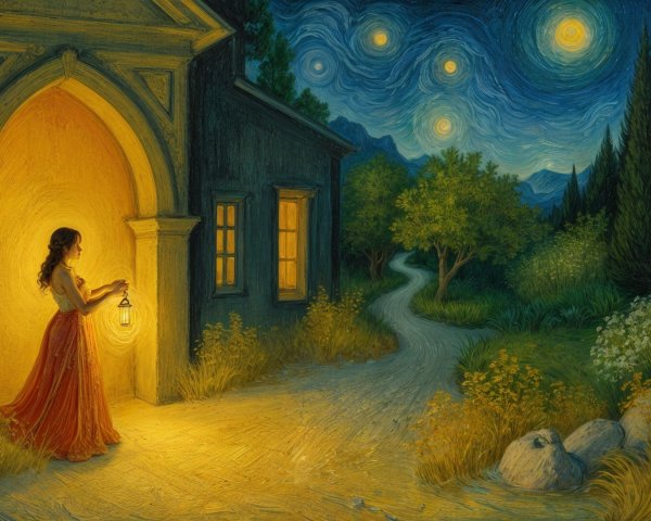 Woman in Red Dress at Quaint House Entrance with Lantern