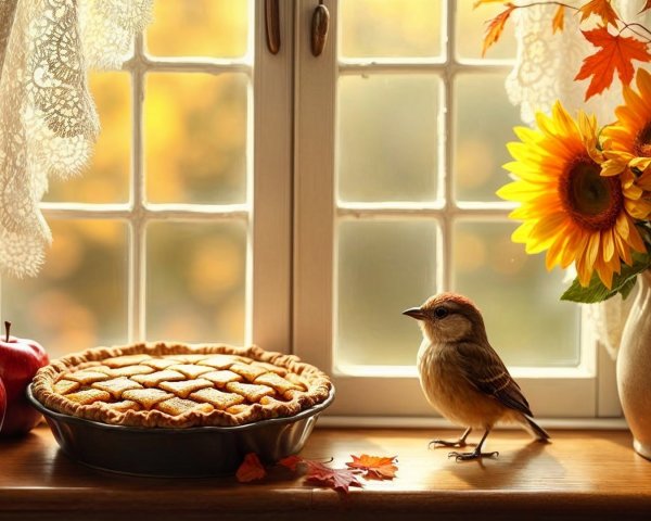 Cozy Window Sill with Pie and Autumn Decor