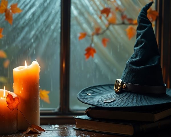 Cozy Autumn Scene with Witch Hat and Candles