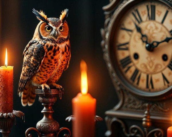 Majestic owl on ornate candlestick in dimly lit room