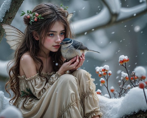 Whimsical Winter Scene with Fairy Wings and Nature