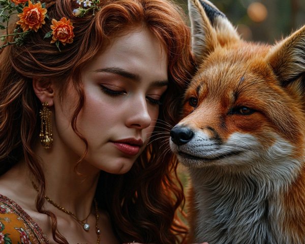 Young woman with red hair and fox in a lush setting