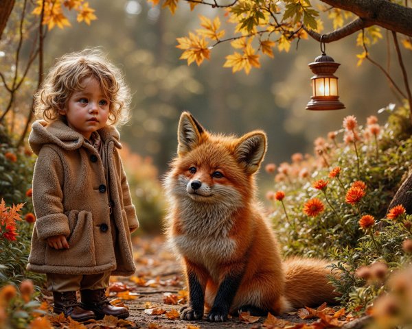 Child and Fox in Autumn Foliage with Lantern Light
