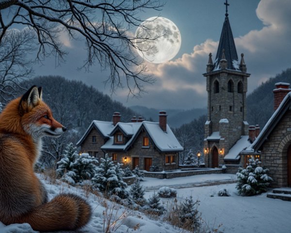 Winter Landscape with Fox, Cottage, and Church