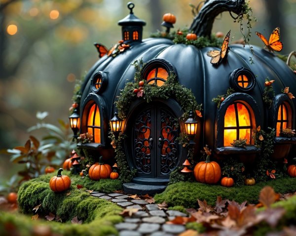 Whimsical Pumpkin-Shaped House in Autumn Forest