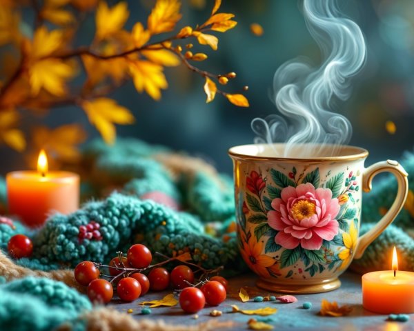 Floral Mug in Cozy Autumn Setting with Candles