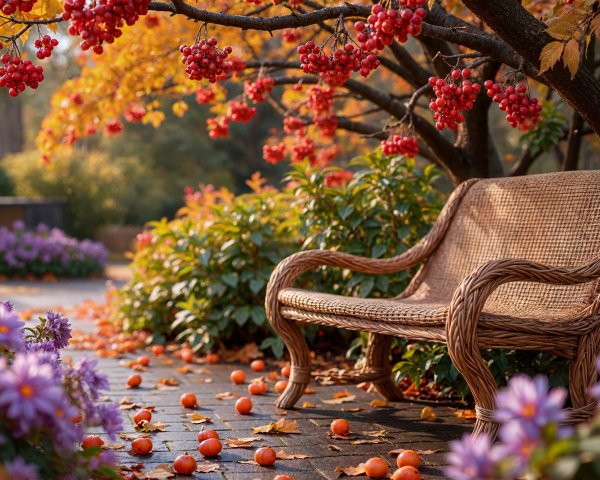 Serene Garden with Wicker Bench and Autumn Foliage