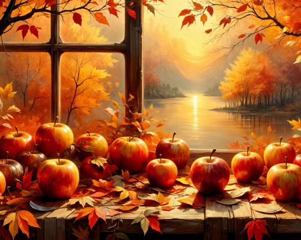 Autumn Scene with Apples and Vibrant Foliage