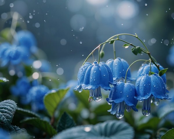 Bell-Shaped Blue Flowers with Raindrops and Green Leaves