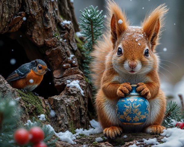 Snowy Forest Scene with Squirrel and Bird Interaction