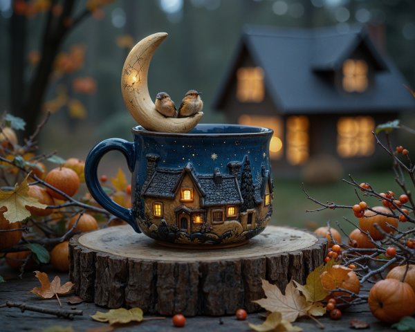 Ceramic Mug with Village Scene and Crescent Moon