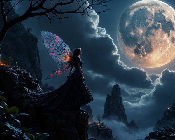 Mystical Fairy Scene Under a Full Moon Glow