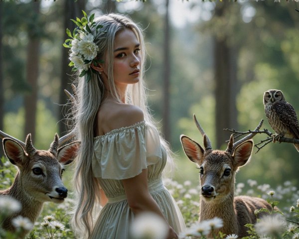 Young woman in a forest with deer and owl