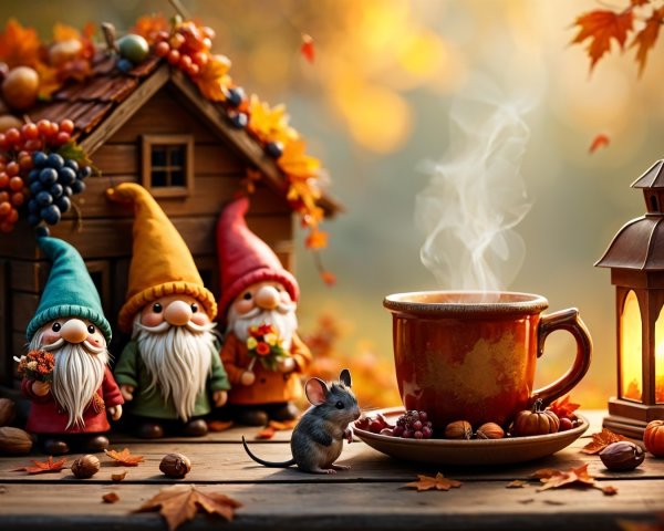 Charming Autumn Scene with Gnomes and Cozy House