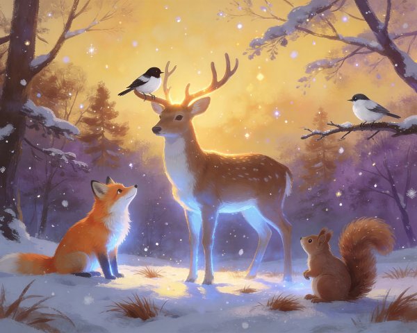 Winter Forest Scene with Fawn, Fox, Squirrel, and Birds